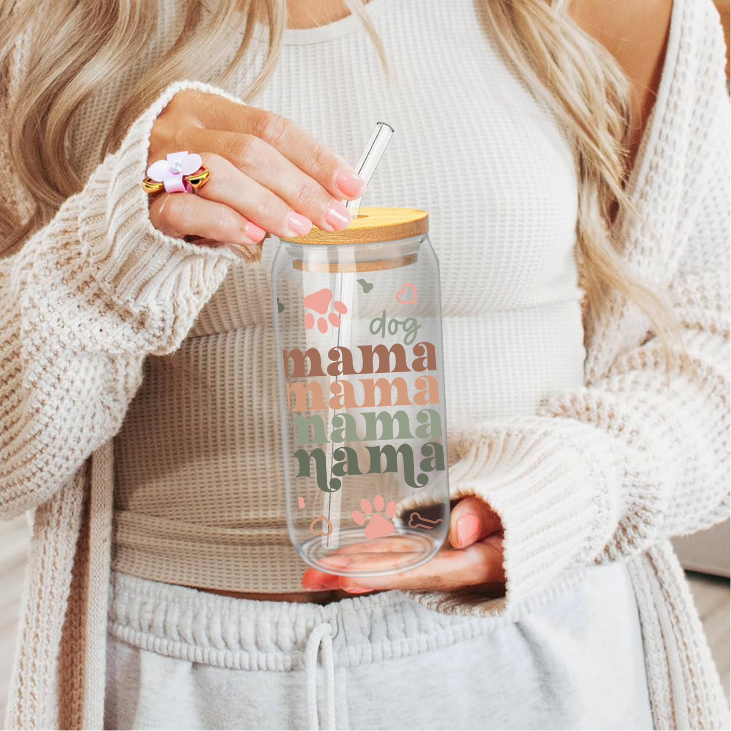 Dog Mama Glass Cup – 16oz and 20oz Dog Mom Glass Can with Straw | Cute Dog Lover Gift