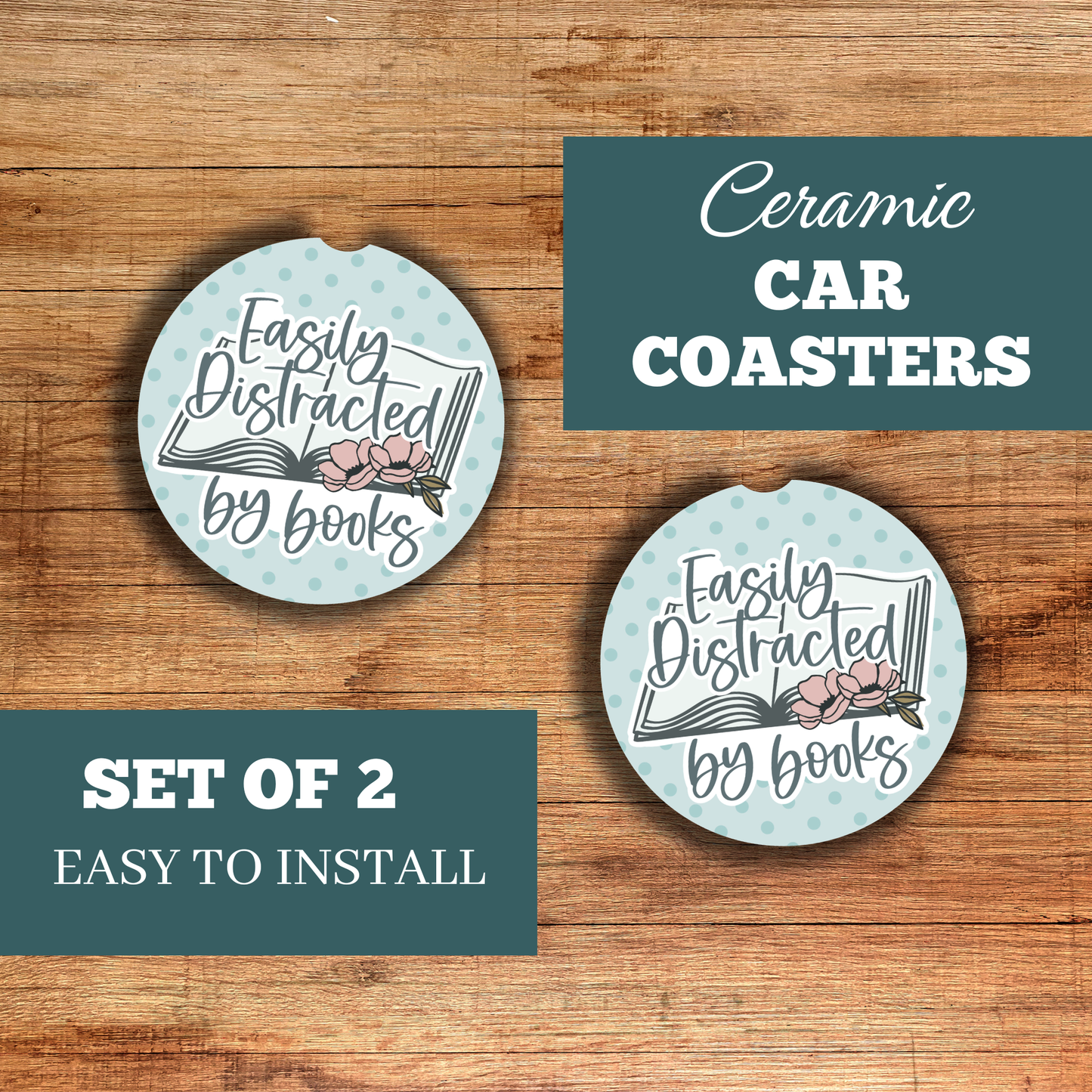 Bookish Car Coasters – Ceramic Car Cup Holder Coasters, Set of 2 ,Funny Book Lover Gift & Reader Car Accessories