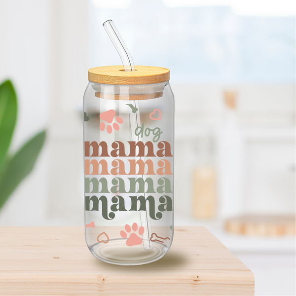 Dog Mama Glass Cup – 16oz and 20oz Dog Mom Glass Can with Straw | Cute Dog Lover Gift