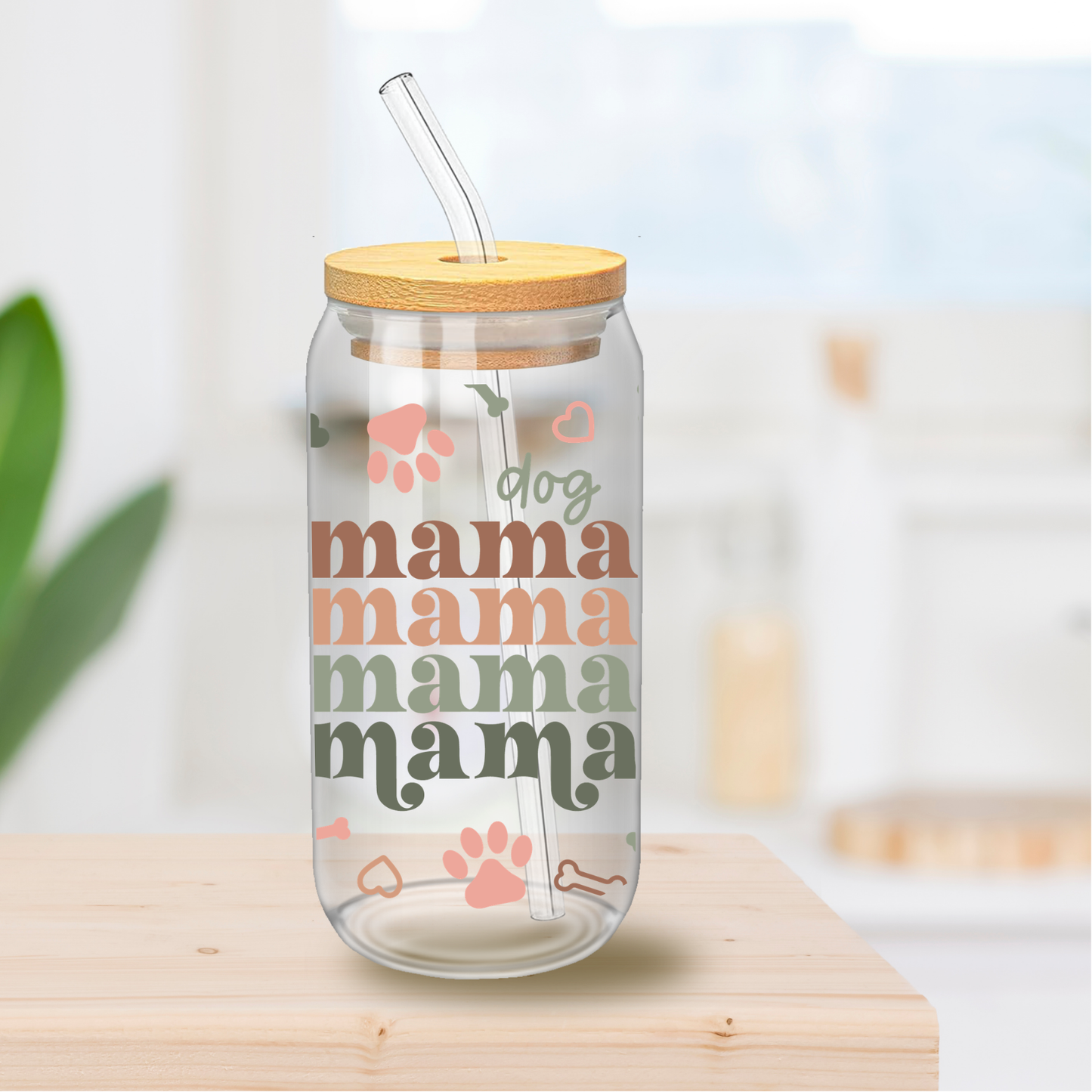 Dog Mama Glass Cup – 16oz and 20oz Dog Mom Glass Can with Straw | Cute Dog Lover Gift