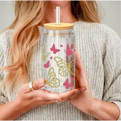 Pink & Gold Butterfly Glass Cup – 16 oz and 20 oz Tumbler with Bamboo Lid & Straw