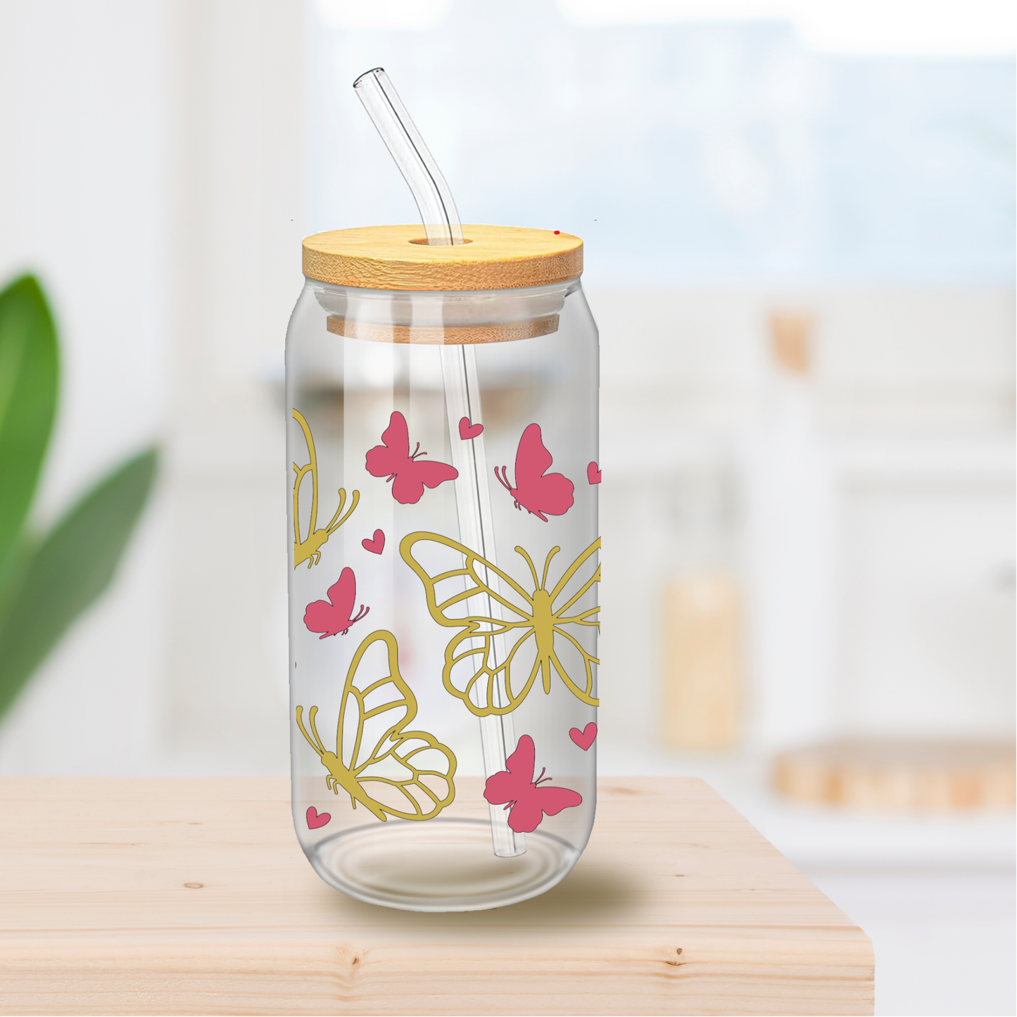 Pink & Gold Butterfly Glass Cup – 16 oz and 20 oz Tumbler with Bamboo Lid & Straw