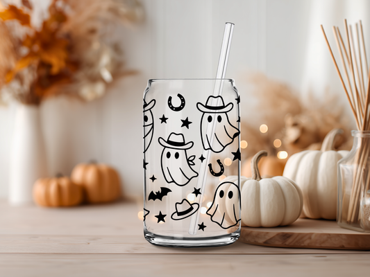 Cowboy Ghost Halloween Glass Cup – 16 oz Glass Can with Straw