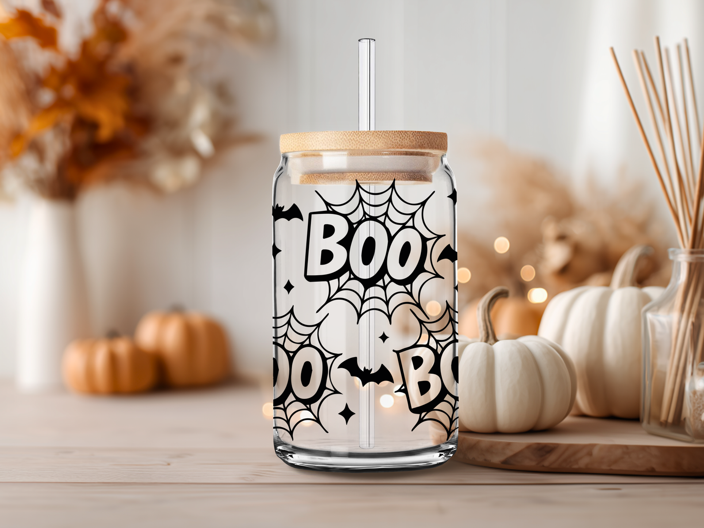 Boo Halloween Glass Cup – Spider Web Glass Can with Straw