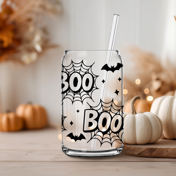 Boo Halloween Glass Cup – Spider Web Glass Can with Straw