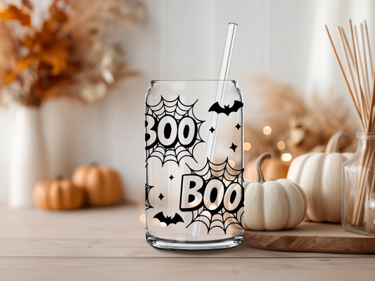 Boo Halloween Glass Cup – Spider Web Glass Can with Straw
