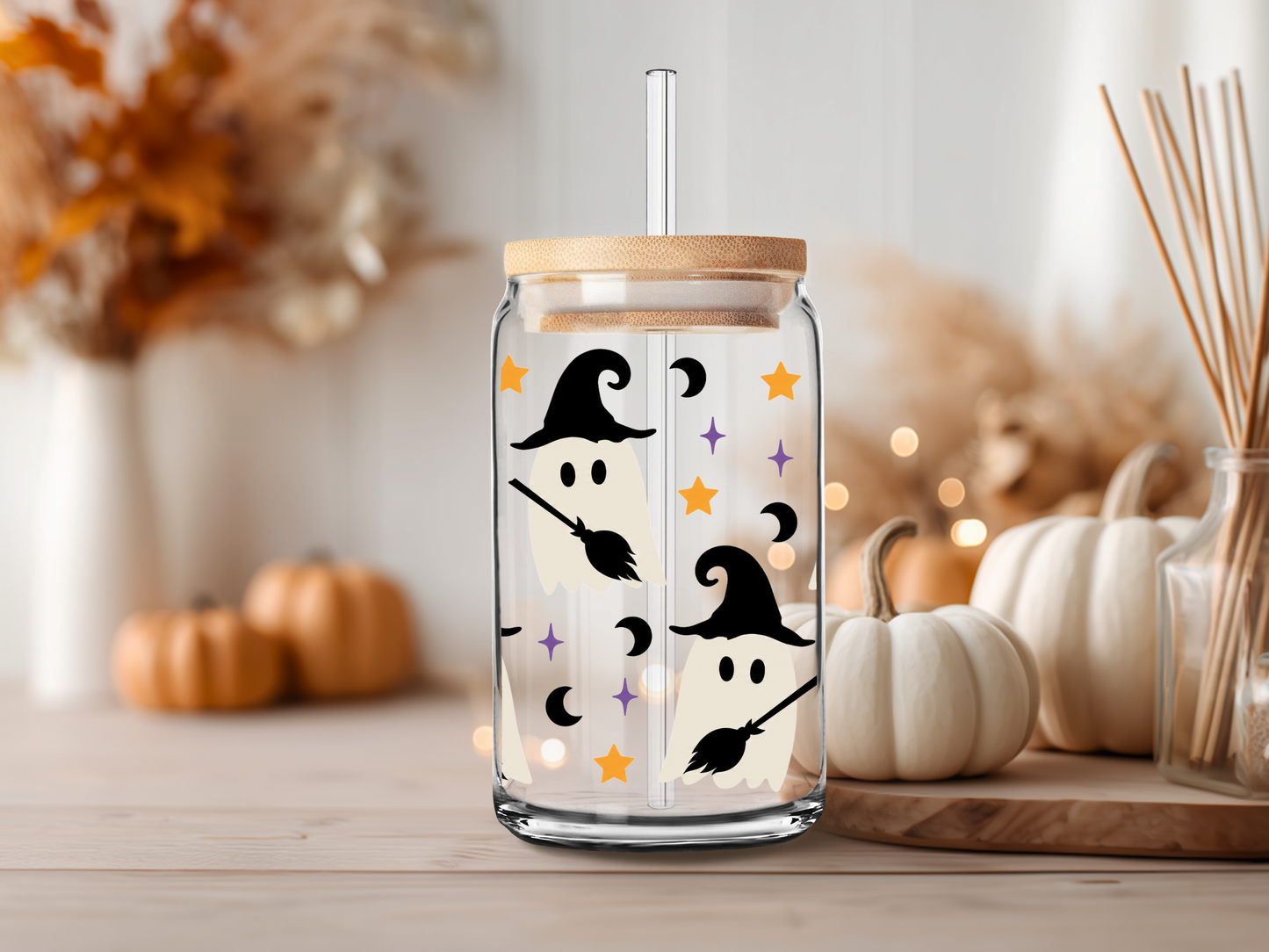 Witchy Ghost Halloween Glass Cup – 16oz and 20oz Spooky Glass Can with Straw