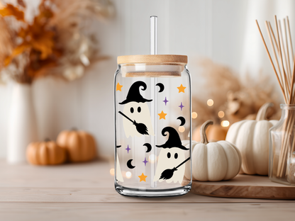 Witchy Ghost Halloween Glass Cup – 16oz and 20oz Spooky Glass Can with Straw