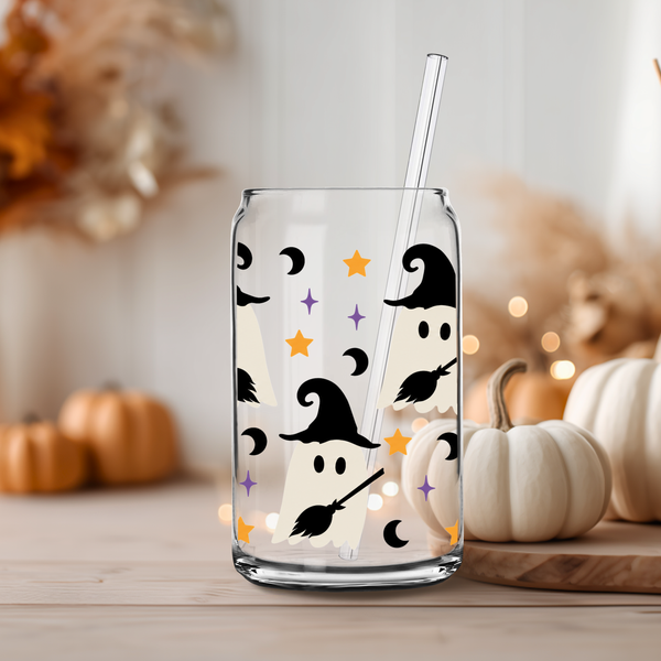 Witchy Ghost Halloween Glass Cup – 16oz and 20oz Spooky Glass Can with Straw