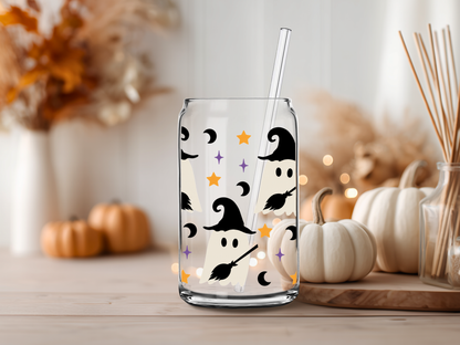 Witchy Ghost Halloween Glass Cup – 16oz and 20oz Spooky Glass Can with Straw
