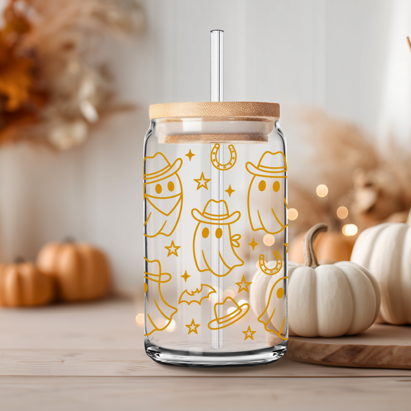 Cowboy Ghost Halloween Glass Cup – 16 oz Glass Can with Straw