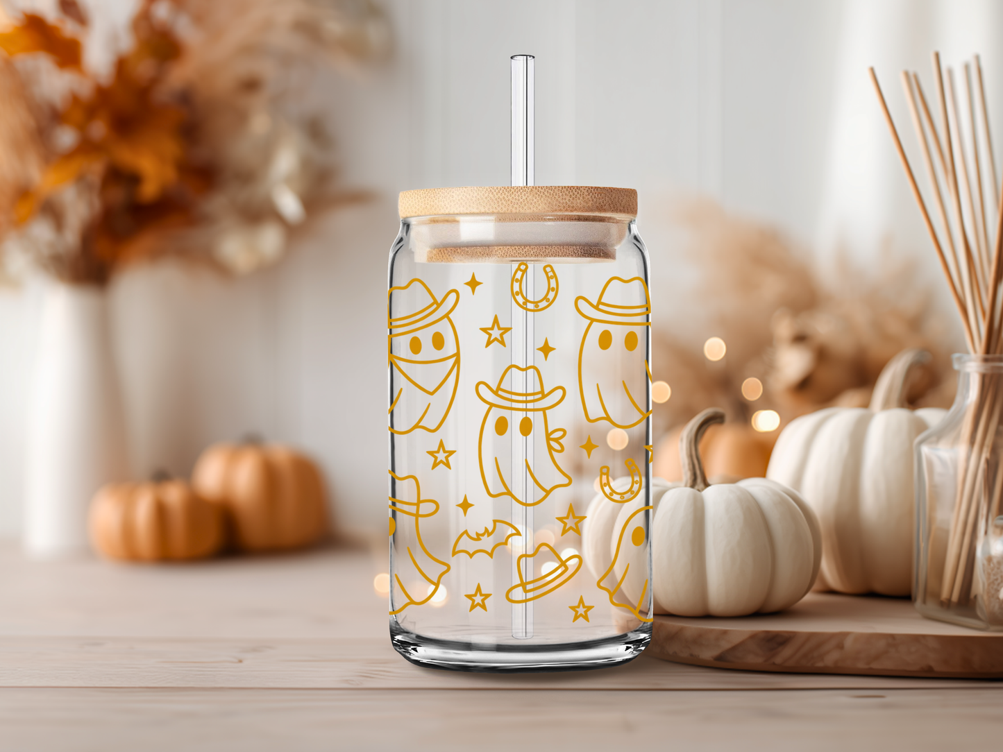 Cowboy Ghost Halloween Glass Cup – 16 oz Glass Can with Straw