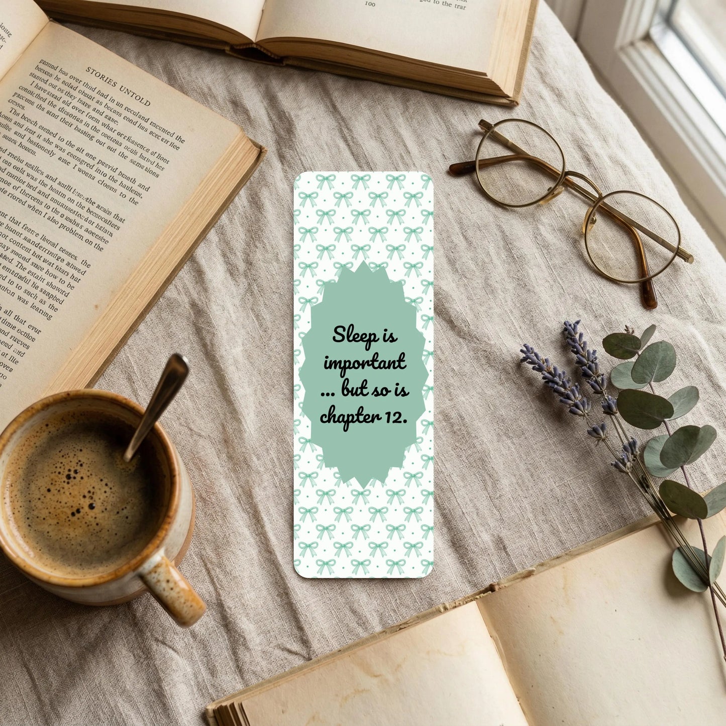 Sleep Is Important But So Is Chapter 12 Bookmark , Mint Green Coquette Bow Laminated Bookmark ,Funny Bookish Gift for Readers
